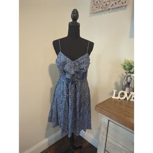 Free People Blue Print Ruffle Neckline Sun Dress